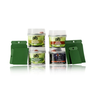 Spackelkit 4x250g – komplett set med plastspackel, finspackel, universalspackel och glasfiberspackel. Perfekt för bilreparationer, små skador och lackjobb.